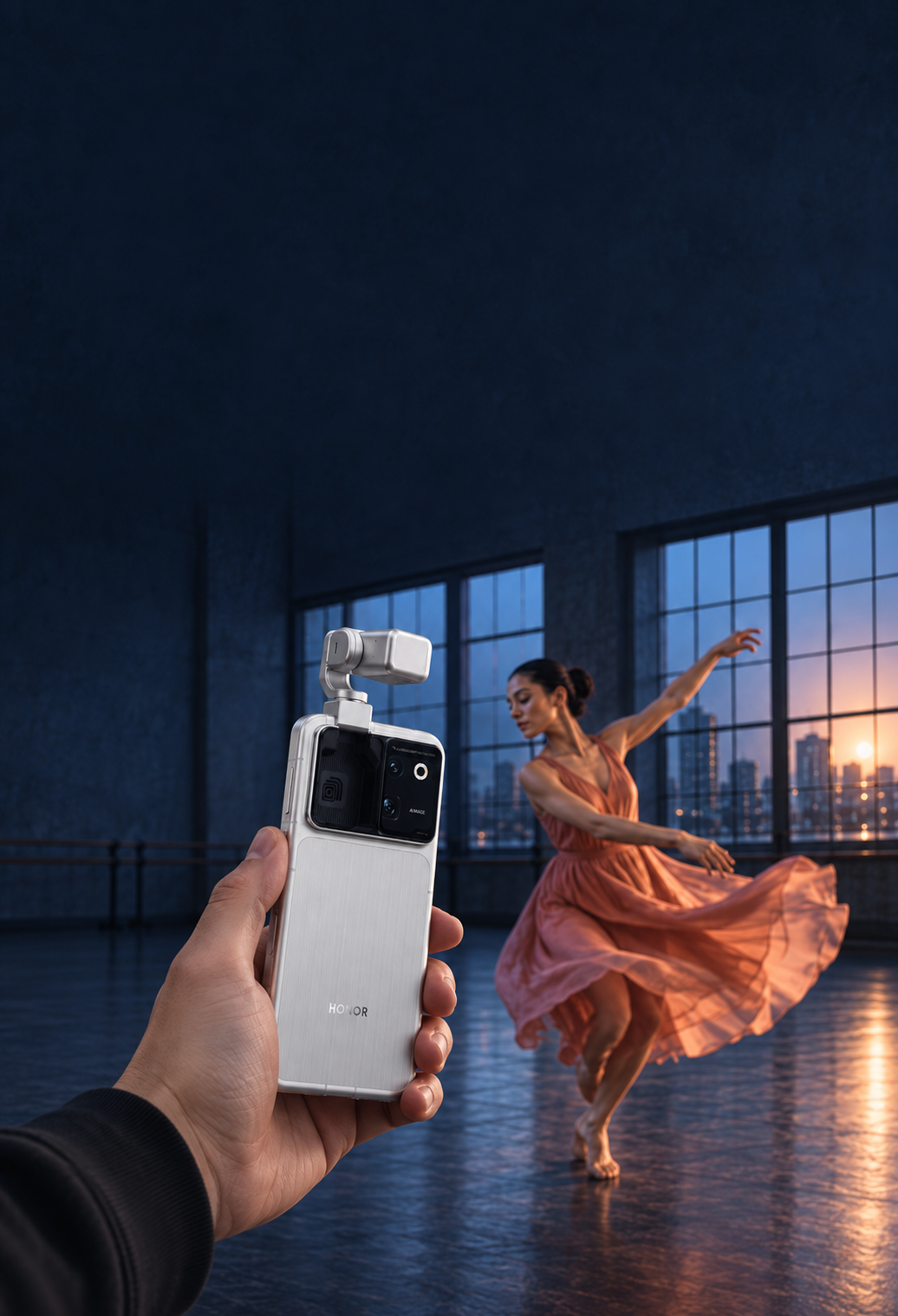 Silver HONOR Robot Phone held upright with its raised gimbal aimed toward a dancer in a blue-hour rehearsal studio.