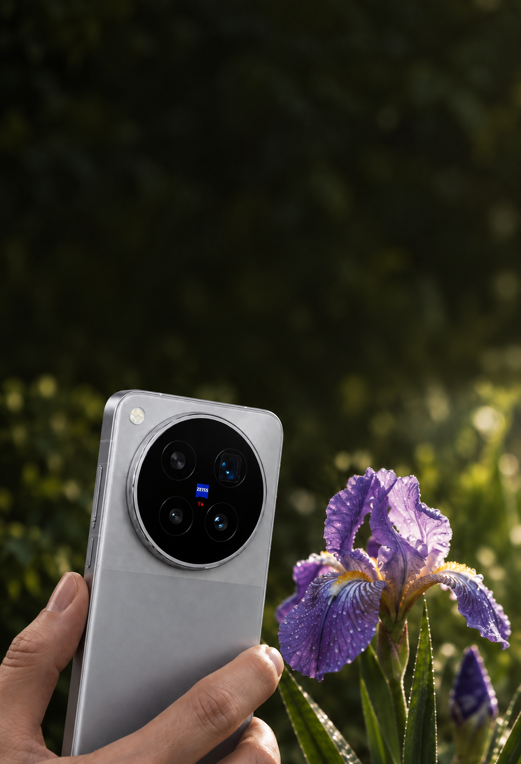 Earth Echo Vivo X500 Pro Max held close to a dew-covered iris for telephoto macro photography.