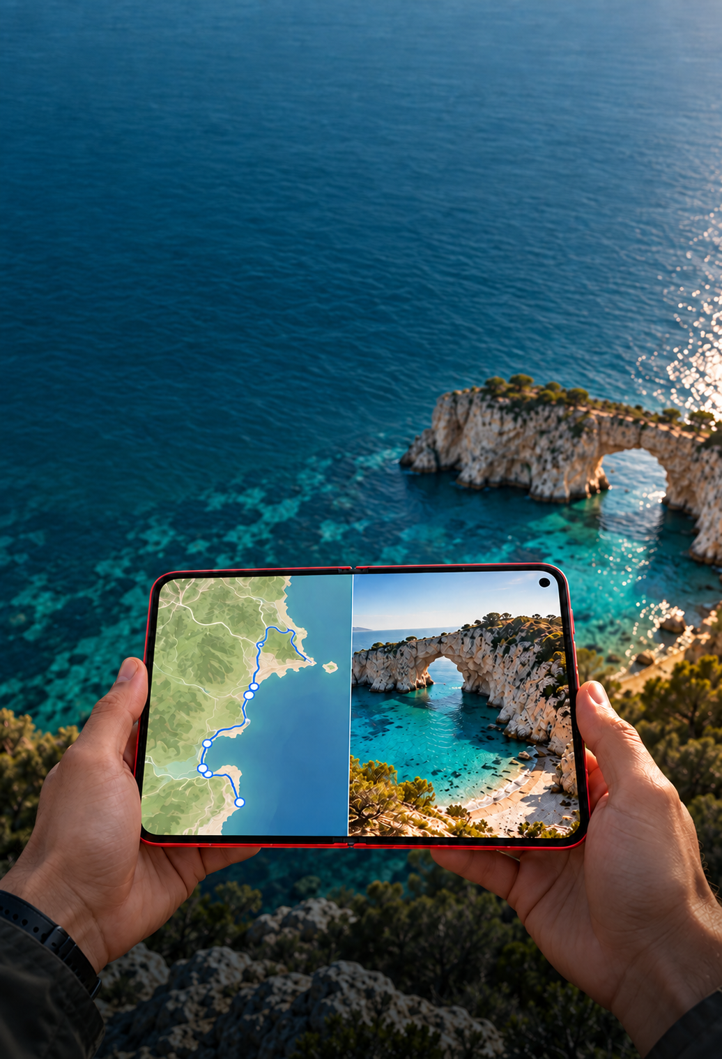 Red Xiaomi 18 Fold opened to a wide split-screen map and coastal photograph, held above the matching sunlit cove.