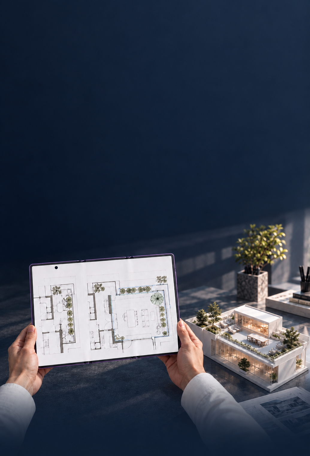 HUAWEI Mate XT 2 in Brocade Purple, unfolded in two hands beside an architectural model