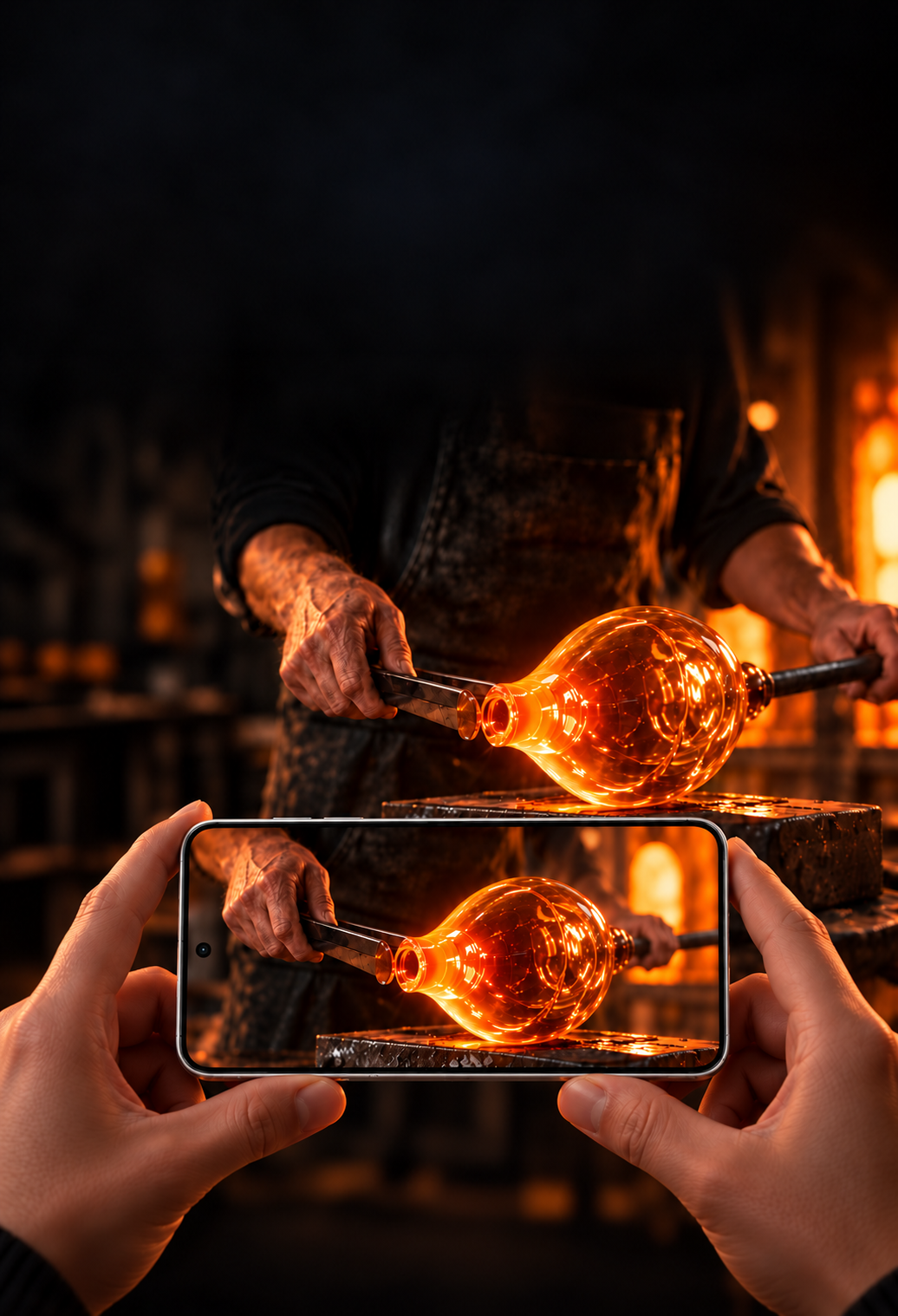 OPPO Find X10 Pro Max in Luna White held horizontally while filming a glassblower shaping glowing amber glass